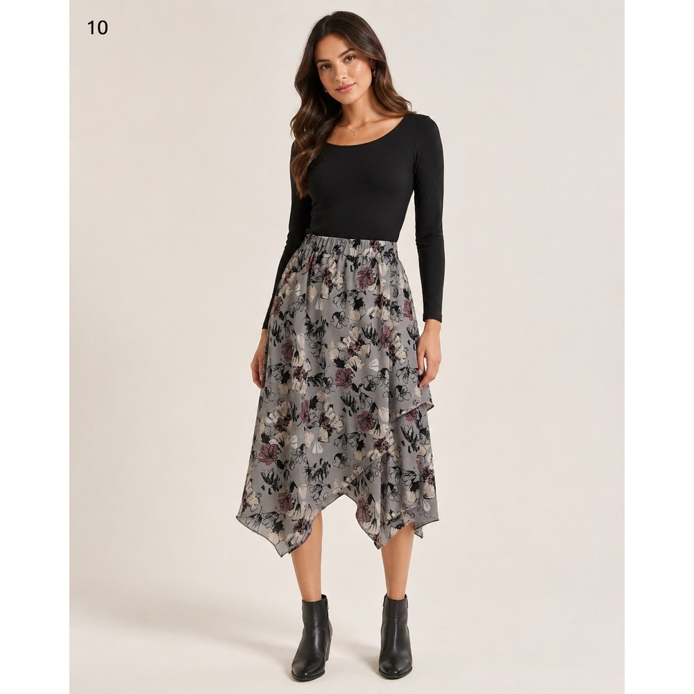 Leith Asymmetrical Hem Midi Skirt Womens S Grey Floral Elastic Waist Polyester